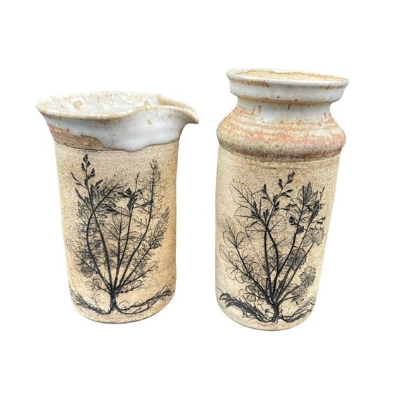 vintage Pressed Pottery handmade speckledceramic Jug Pitcher planter MCM tree